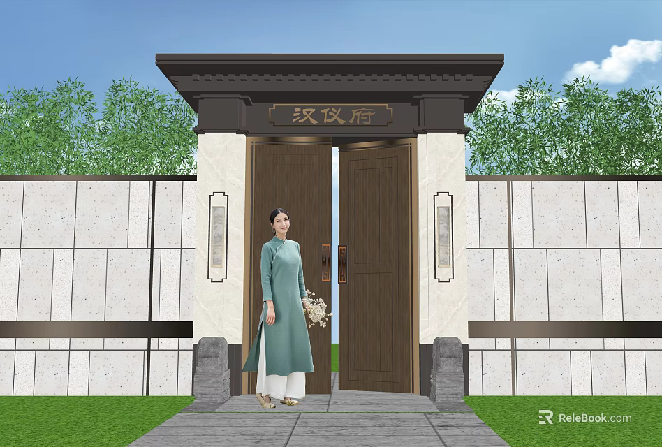 Traditional Architectural Components Main Gate With Stone Wall And Decorative Pillars 3d model 