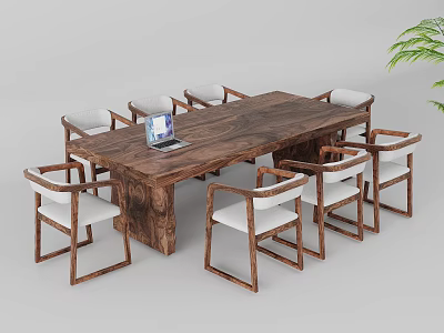 Wooden Long Table With White Cushioned Chairs And Laptop In Room With Green Plant 3d model