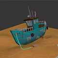 Turquoise Wooden Boat On Orange Sand Beach Near Ocean Water With Cabin Chain