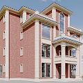 Multi Story Red Brick Detached Villa With Arched Windows Balconies And Columns 3d model