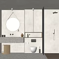 Modern Bathroom Interior Design With Round Mirror Stone Vanity Toilet And Shower Area
