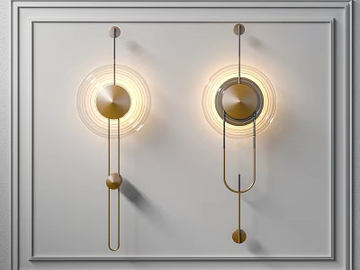 Modern Metallic Wall Lamps With Circular Illuminated Rings And Linear Design Elements On White Wall 3d model