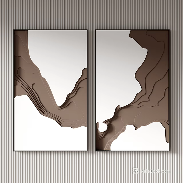 Abstract Brown Wave Wall Art Two Panel Modern Home Decor With White Background And Framed 3d model 