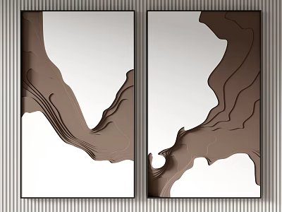 Abstract Brown Wave Wall Art Two Panel Modern Home Decor With White Background And Framed 3d model
