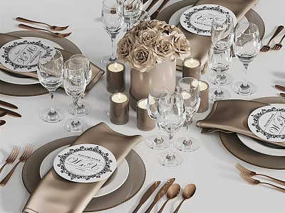 Elegant Dinnerware Set With Plates Cutlery Wine Glasses Napkins Candles And Flower Bouquet 3d model