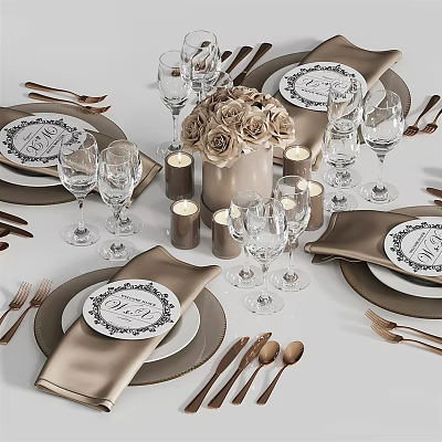 Elegant Dinnerware Set With Plates Cutlery Wine Glasses Napkins Candles And Flower Bouquet 3d model