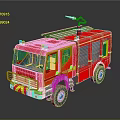 Red Fire Truck With Ladder And Yellow Stripes On Black Background