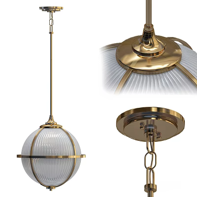 Elegant Brass Globe Pendant Light With Ribbed Glass Shade And Ceiling Mount Design 3d model