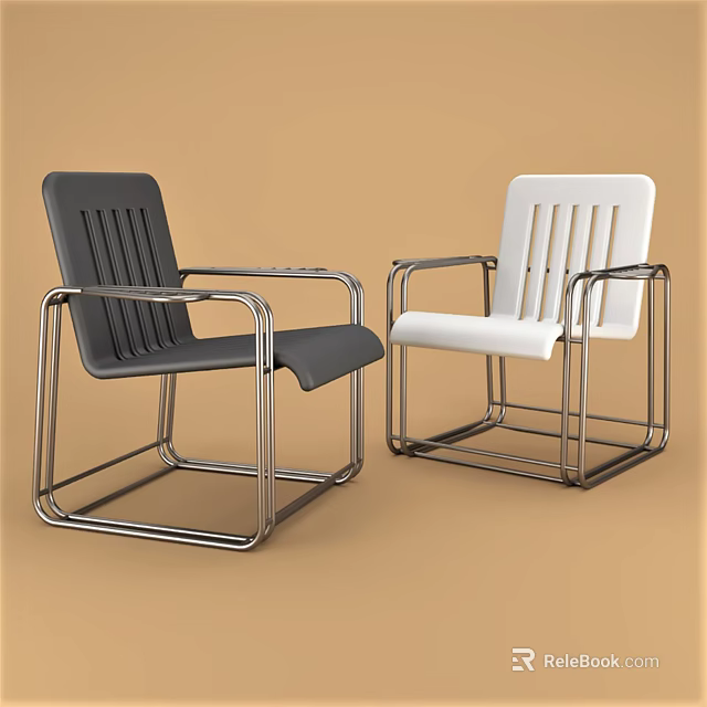 Modern Gray And White Armchairs With Metal Frames And Striped Backs On Solid Background 3d model
