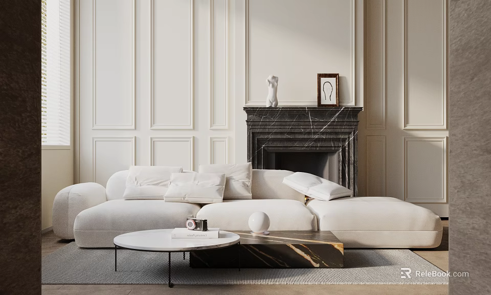 Modern Minimalist Living Room Interior With Cozy White Sofa Coffee Table Set And Fireplace 3d model 