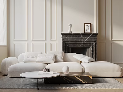 Modern Minimalist Living Room Interior With Cozy White Sofa Coffee Table Set And Fireplace 3d model