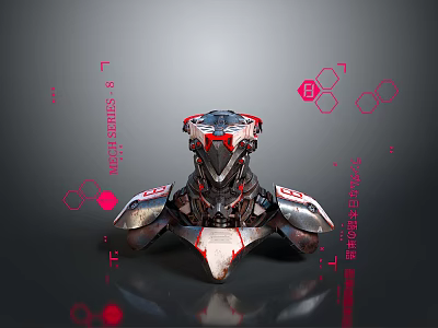 Futuristic Mechanical Sculpture Carving With Metallic Texture And Red Geometric Accents 3d model