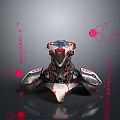 Futuristic Mechanical Sculpture Carving With Metallic Texture And Red Geometric Accents