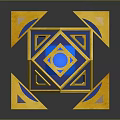 Gold And Blue Geometric Polyhedrons Arranged Around Central Cube With Reflections On Dark Background