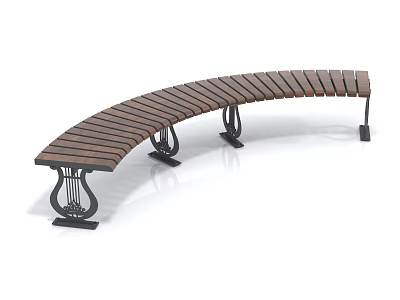 Curved Wooden Bench With Slatted Seat And Metal Legs Design 3d model