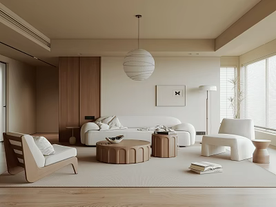 Modern Living Room Interior With Wooden Elements White Sofa Round Coffee Table Floor-to-Ceiling Windows Blinds 3d model