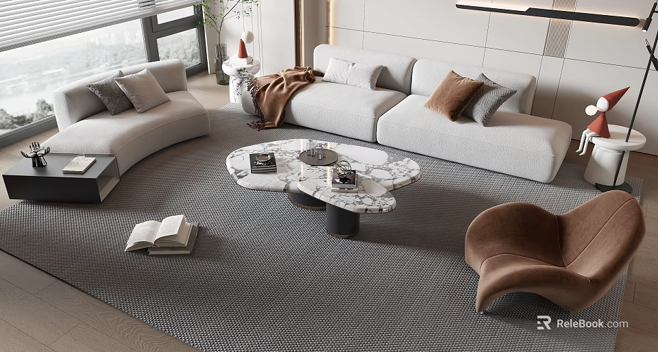 Modern Sofa And Coffee Table Set With Marble Top Pillows Throw Blanket And Gray Rug 3d model 