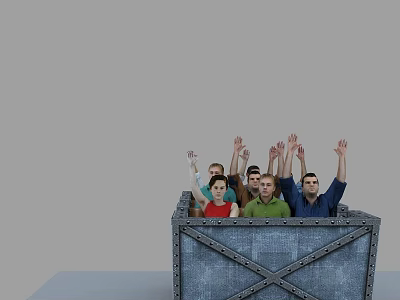 Group of people standing and raising hands inside large metal container 3d model