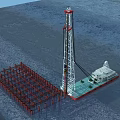 Offshore Drilling Platform With Tall Rig Red Pile Structures And Vessel On Water
