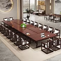 Elegant Modern Chinese Conference Room Interior With Long Wooden Table Chairs Central Green Plant And White Cushions
