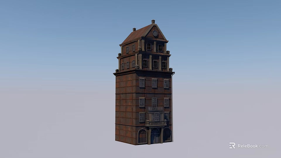 Traditional Multi Story Brown Tower Building With Exterior Windows And Decorative Roof Design 3d model 
