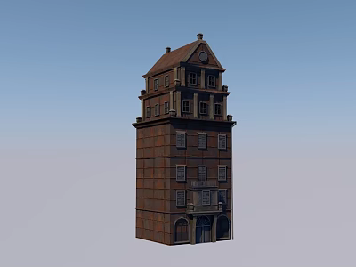 Traditional Multi Story Brown Tower Building With Exterior Windows And Decorative Roof Design 3d model