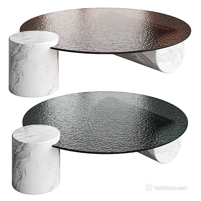 Two Modern Coffee Tables Featuring Textured Glass Tops And White Marble Bases 3d model 