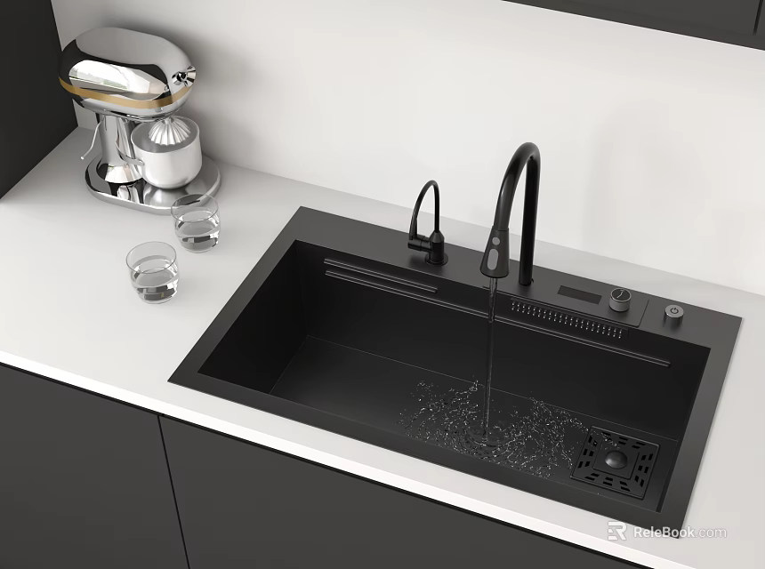 Black Kitchen Sink With Running Water Coffee Maker And Glasses On White Countertop 3d model 