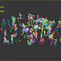 Group of Colorful Miniature People Standing Interacting with Tables and Umbrellas