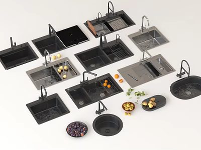 Various Stylish Kitchen Sinks Collection With Faucets Fresh Fruits And Herbs 3d model