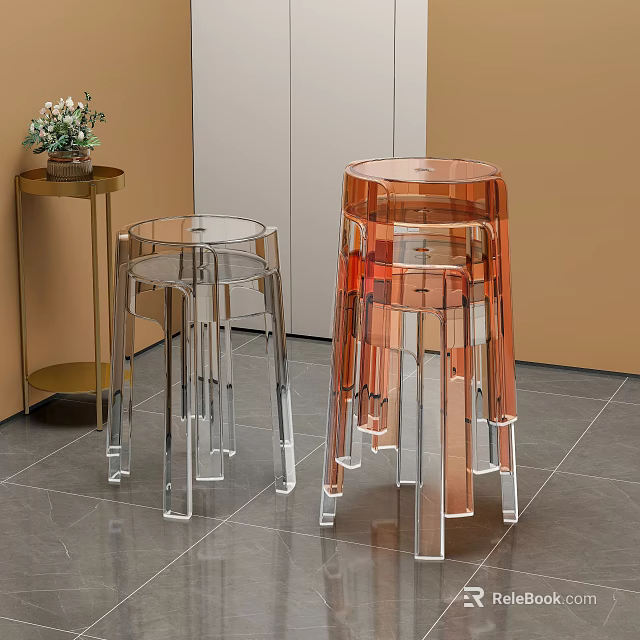 Modern Transparent Acrylic Stools In Clear And Orange For Interior Design 3d model 