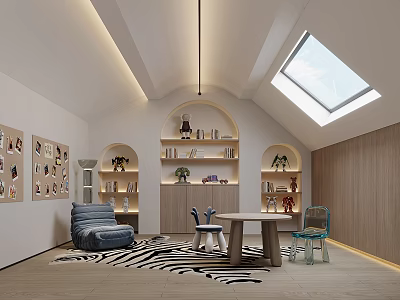 Modern Attic Playroom With Skylight Bookshelves Wall Art And Seating 3d model