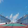 Outdoor Tennis Court For Sports Fitness With Fences Streetlights Under Blue Sky White Clouds