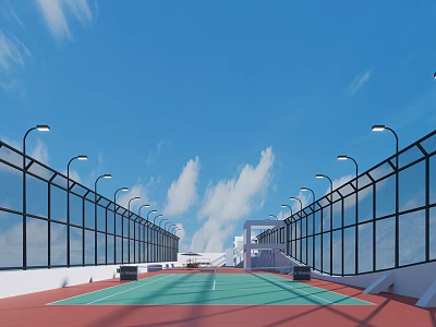 Outdoor Tennis Court For Sports Fitness With Fences Streetlights Under Blue Sky White Clouds 3d model