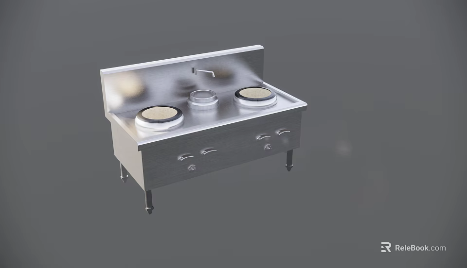 Commercial Kitchen Stainless Steel Cooking Range With Burners Faucet And Drawers 3d model 