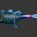 Fantasy Blue Fish Creature with Open Mouth Sharp Teeth and Glowing Purple Fins 3D Render