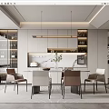 Modern Restaurant Interior With Dining Table Chairs Pendant Lights And Glass Display Cabinets
