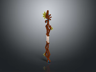 Unique Wooden Decorative Weapon Staff With Green Leaves And Blue Accents 3d model