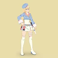 Cartoon Style Woman Wearing Blue White Outfit Hat Long Hair Holding Items