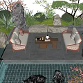 Serene Garden With Water Pool Stones Wicker Sofas Wooden Coffee Table Lanterns And Green Plants
