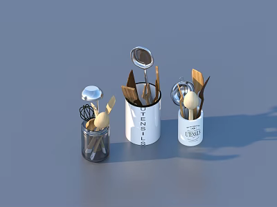 Kitchen Utensil Set in Glass Jars and Containers with Wooden Spoons Metal Skimmers Whisks 3d model