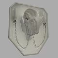 Metallic Ram Head Wall Sconce with Wooden Backplate and Decorative Chain Details