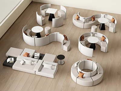 Modern Leisure Sofa Set with Curved Design Round Side Tables Orange Cushions and Wooden Floor 3d model