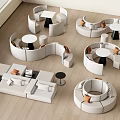 Modern Leisure Sofa Set with Curved Design Round Side Tables Orange Cushions and Wooden Floor