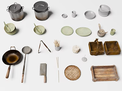 Practical Household Items Including Pots Bowls Frying Pan Spoons Knives And Bamboo Trays 3d model