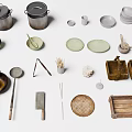 Practical Household Items Including Pots Bowls Frying Pan Spoons Knives And Bamboo Trays