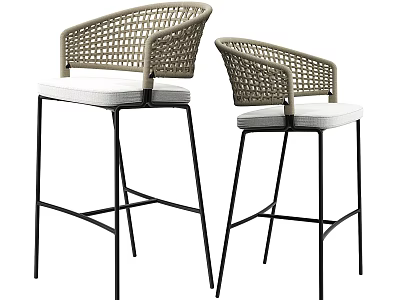 Modern Bar Stools with Wicker Armrests and White Cushions on Black Metal Frames 3d model