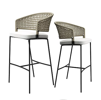 Modern Bar Stools with Wicker Armrests and White Cushions on Black Metal Frames 3d model