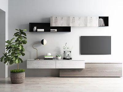 Modern Wooden TV Stand with Wall Mounted Cabinets TV Table Lamp and Decorative Plants 3d model