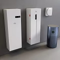 Modern Home Appliances Including White Wall Mounted And Blue Cylindrical Units On Gray Wall
